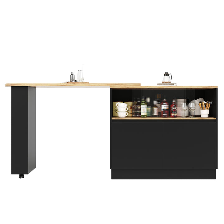 Black versatile 360° revolving dining bar table with sliding fluted glass doors GHENS BLACK UK