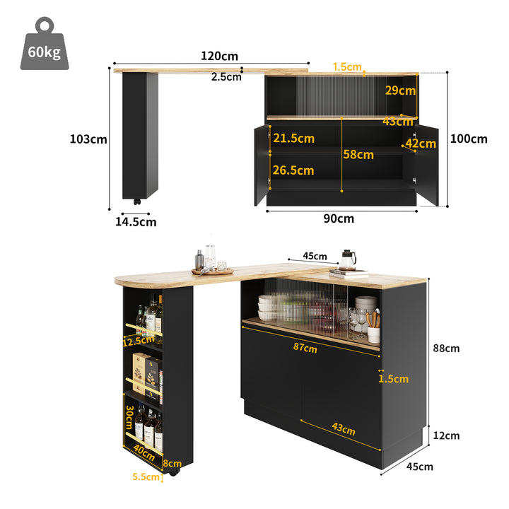 Black versatile 360° revolving dining bar table with sliding fluted glass doors GHENS BLACK UK