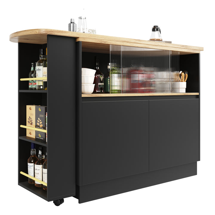 Black versatile 360° revolving dining bar table with sliding fluted glass doors GHENS BLACK UK