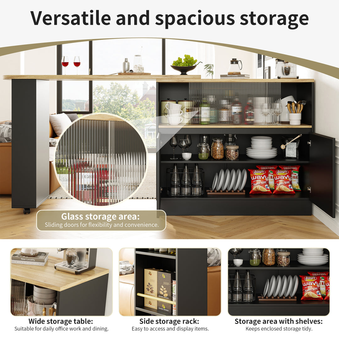 Black versatile 360° revolving dining bar table with sliding fluted glass doors GHENS BLACK UK