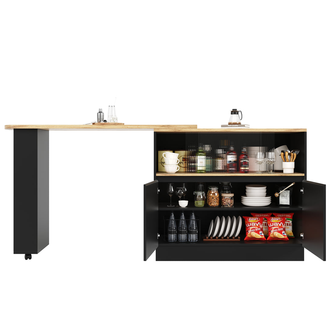 Black versatile 360° revolving dining bar table with sliding fluted glass doors GHENS BLACK UK