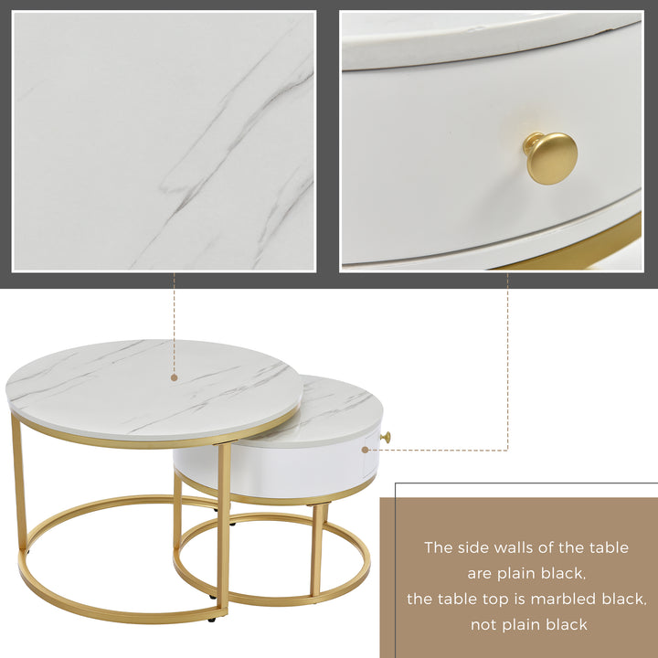 Set of 2 round coffee tables with drawer, nesting tables with storage gold metal frame legs and marble Pattern GRENQEIL BEIGE UK