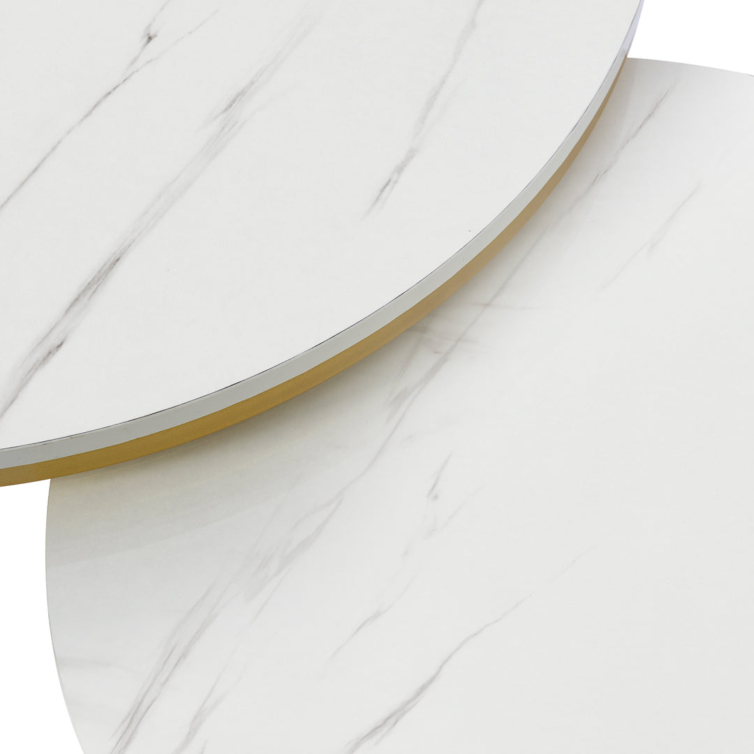 Set of 2 round coffee tables with drawer, nesting tables with storage gold metal frame legs and marble Pattern GRENQEIL BEIGE UK