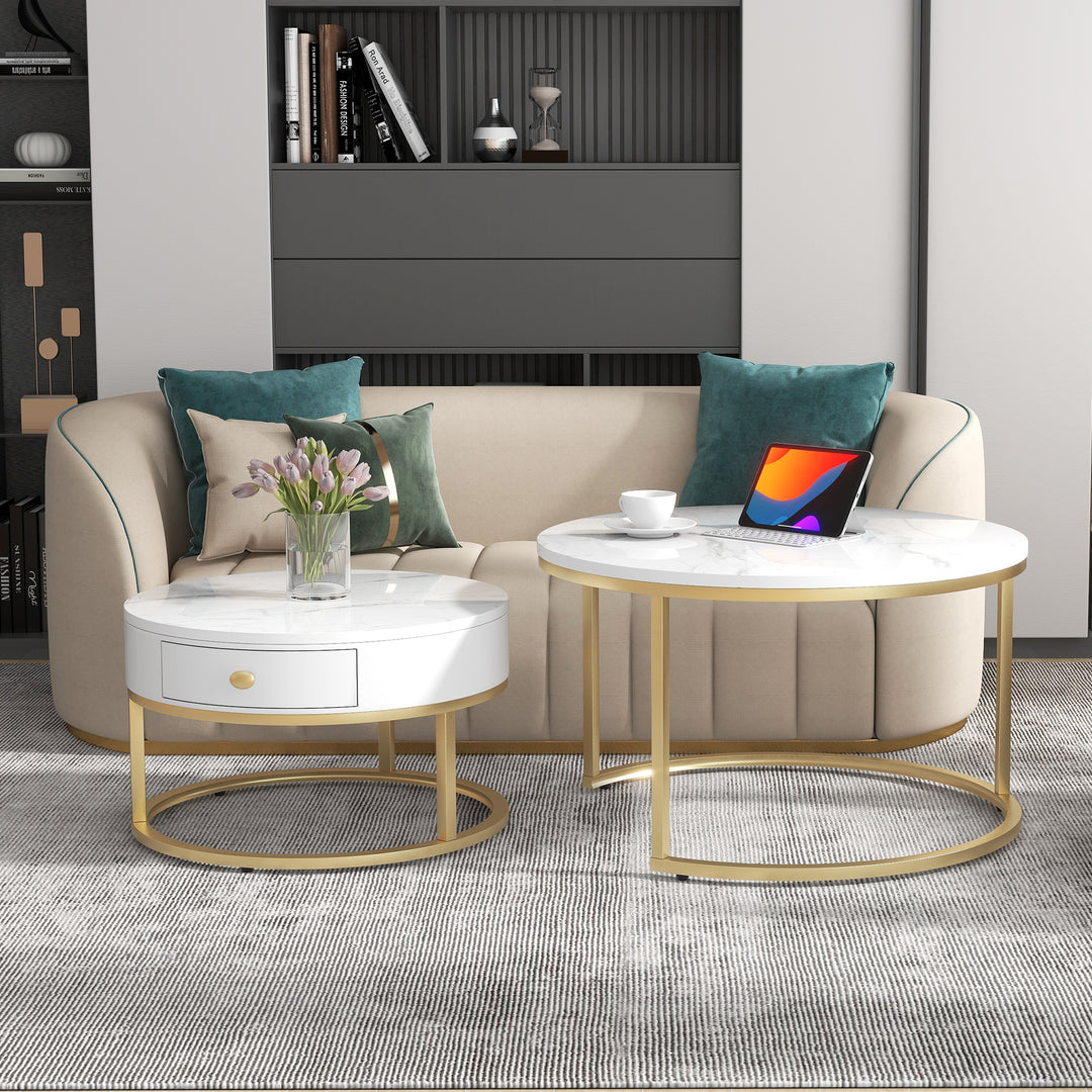 Set of 2 round coffee tables with drawer, nesting tables with storage gold metal frame legs and marble Pattern GRENQEIL BEIGE UK