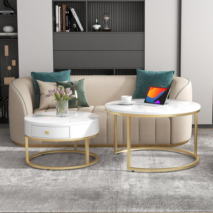 Set of 2 round coffee tables with drawer, nesting tables with storage gold metal frame legs and marble Pattern GRENQEIL BEIGE UK