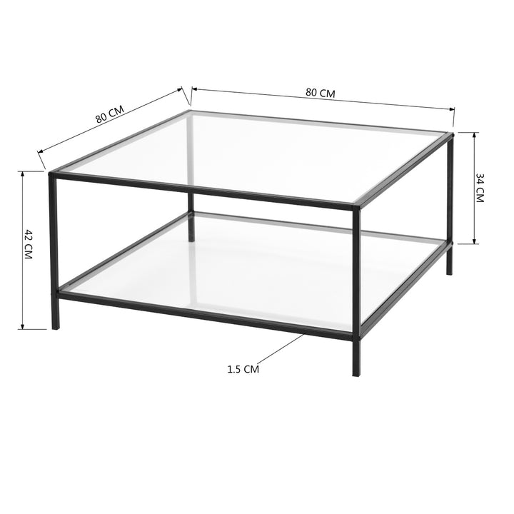 Square glass coffee table 2-tiers steel frame HUDD