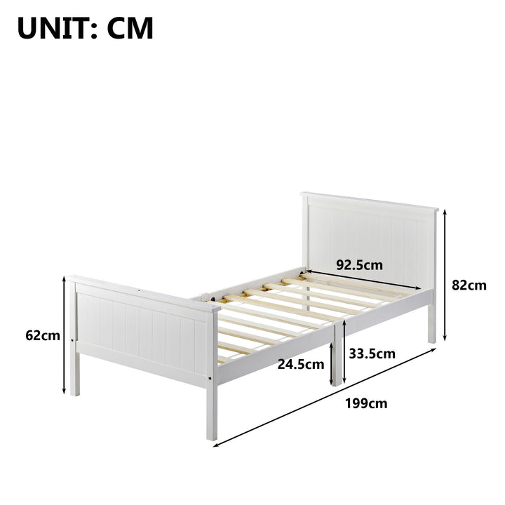 White pin wood single bed frame with slatted Headboard &amp; Footboard, Ivory 90X190cm HOHLON SINGLE UK