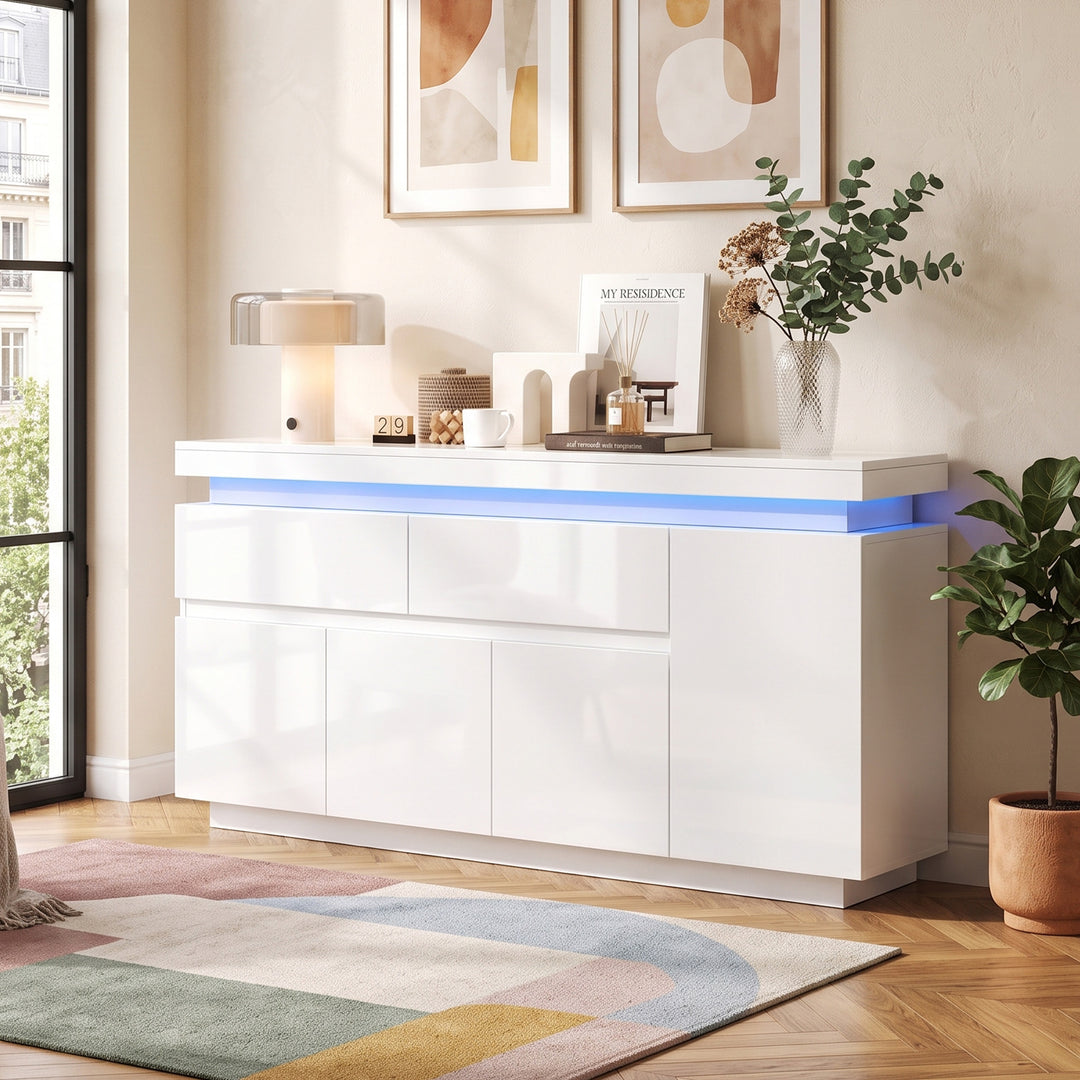 White high gloss sideboard with RGB LED 2 drawers 4 doors 140x35x72.5cm INDUSTRIAL WICKER MAX