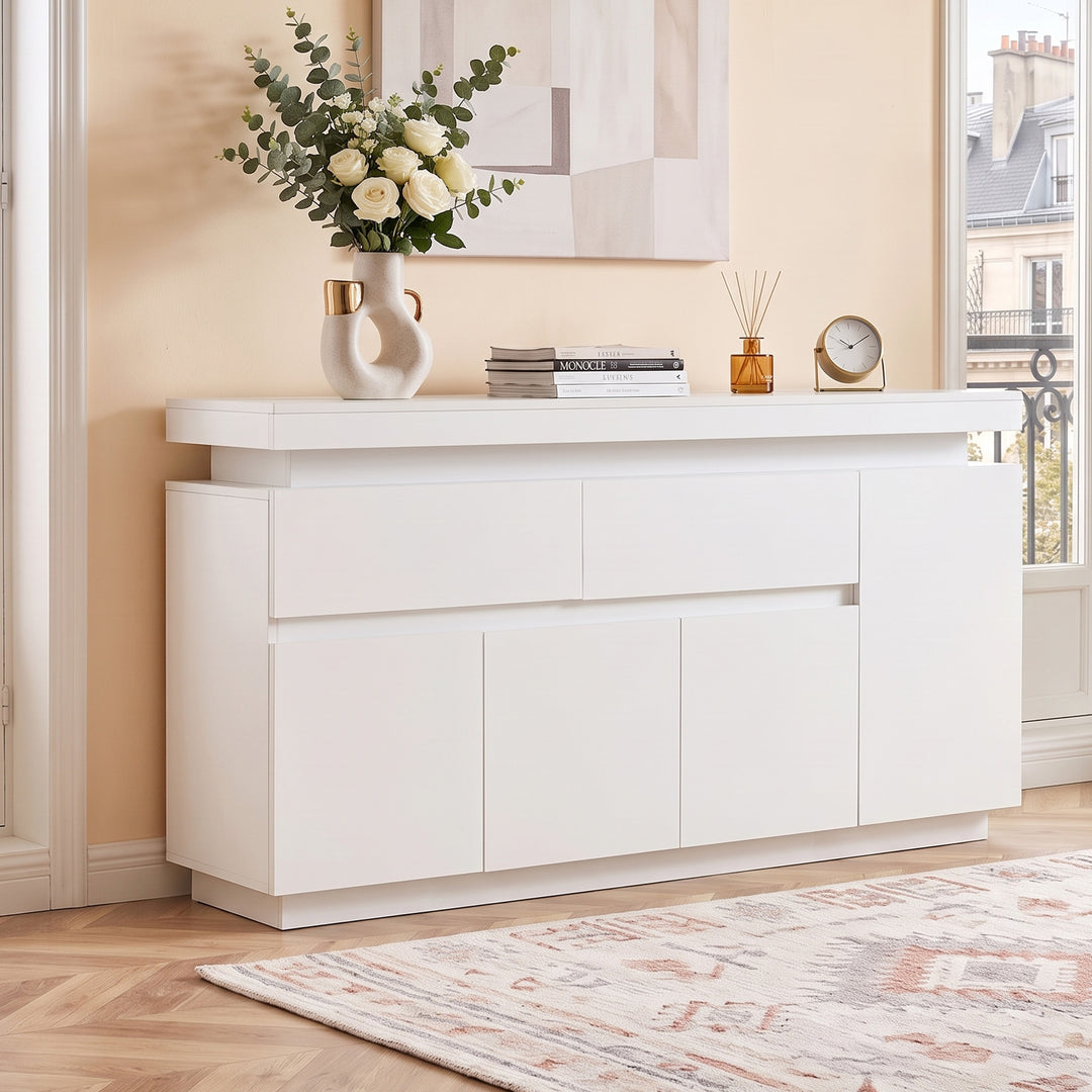White high gloss sideboard with RGB LED 2 drawers 4 doors 140x35x72.5cm INDUSTRIAL WICKER MAX