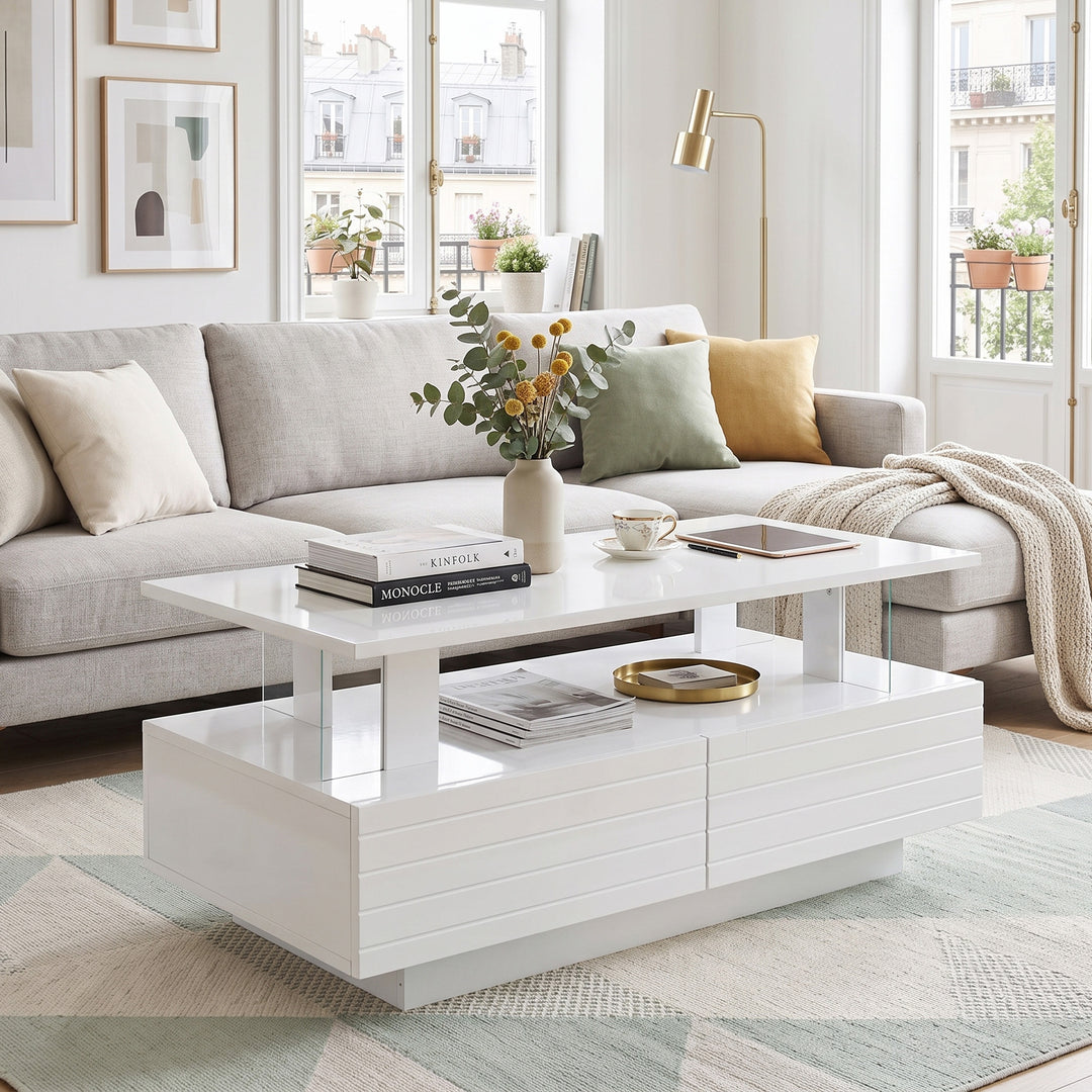 White high gloss coffee table with LED lights 2 drawers 100x50x42.5cm INDUSTRIAL WOOL LINE