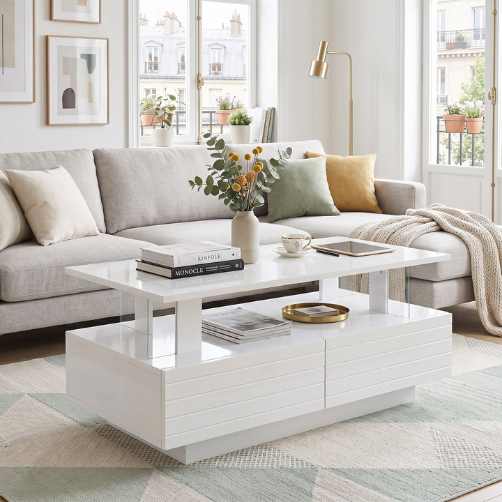 White high gloss coffee table with LED lights 2 drawers 100x50x42.5cm INDUSTRIAL WOOL LINE
