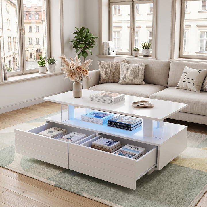 White high gloss coffee table with LED lights 2 drawers 100x50x42.5cm INDUSTRIAL WOOL LINE