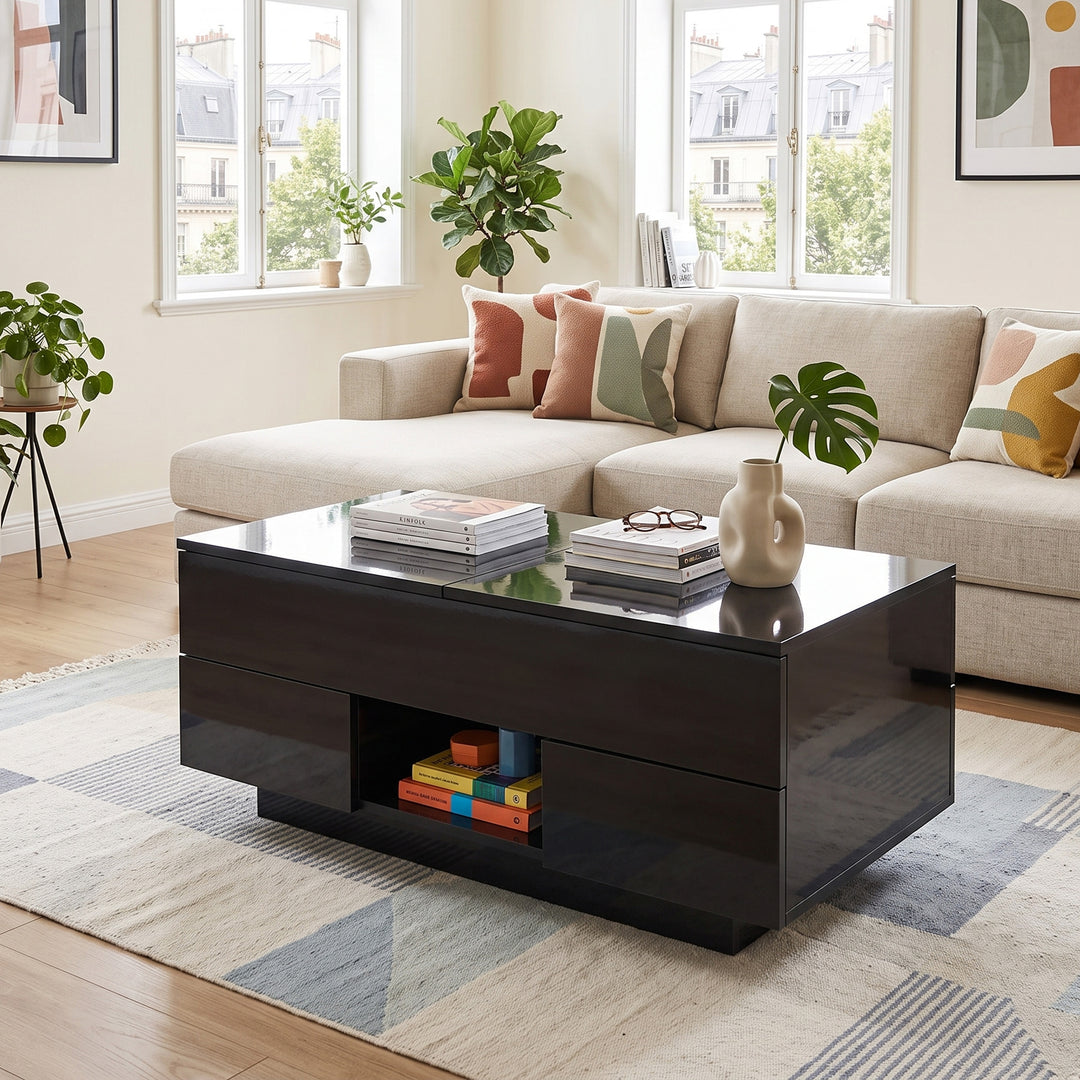 0Lift-top black high gloss coffee table with LED 100x45x43cm IRON CHEST