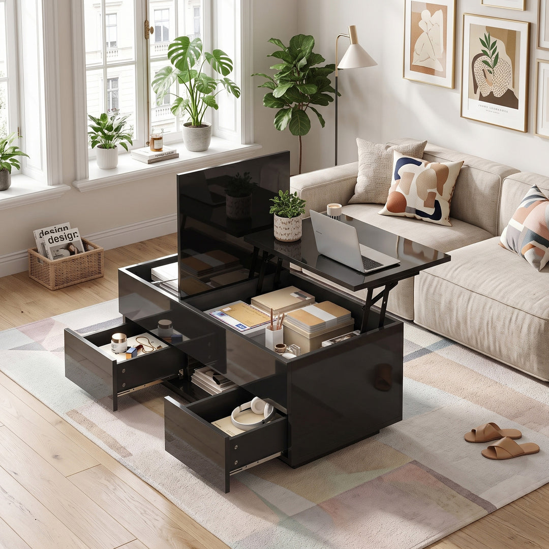 0Lift-top black high gloss coffee table with LED 100x45x43cm IRON CHEST
