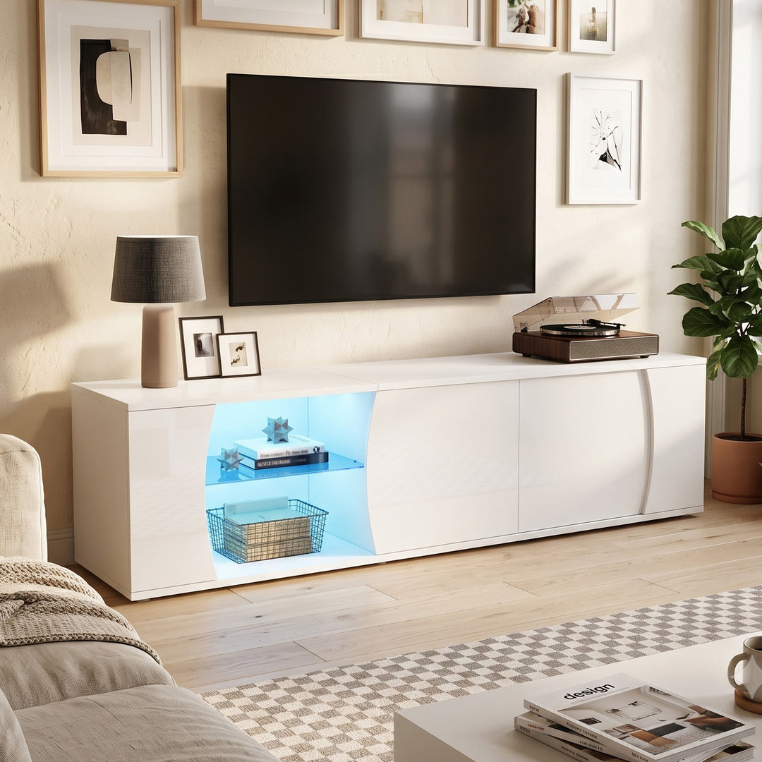 White high gloss TV cabinet with LED lighting 3 doors 180x40x45cm IRON ARMOIRE