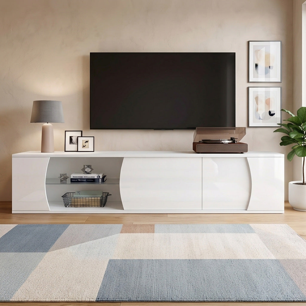 White high gloss TV cabinet with LED lighting 3 doors 180x40x45cm IRON ARMOIRE