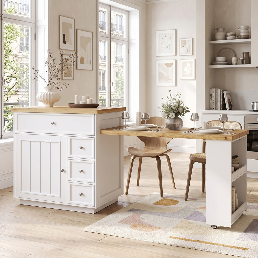 White kitchen island with extendable tabletop (120-184cm) IRON BASKET