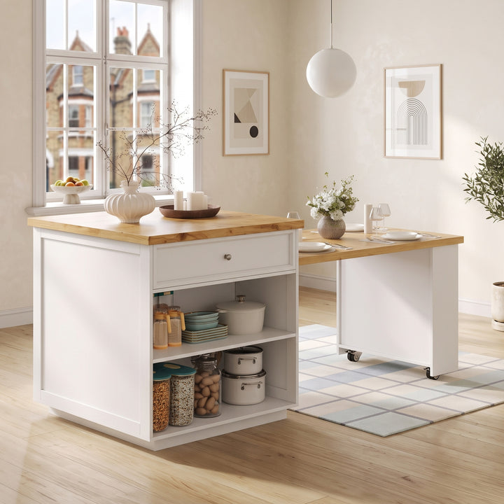 White kitchen island with extendable tabletop (120-184cm) IRON BASKET