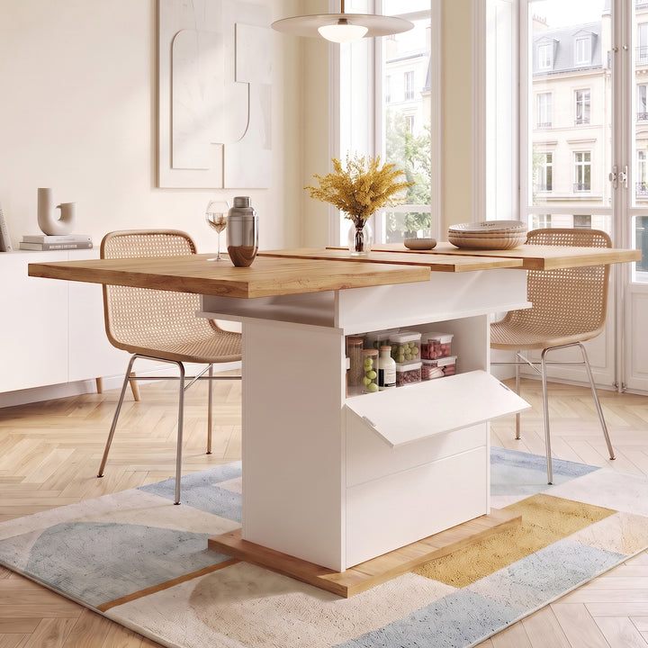 White extendable foldable dining table for 4-6 persons with storage shelves 110-140x80cm IRON BOX