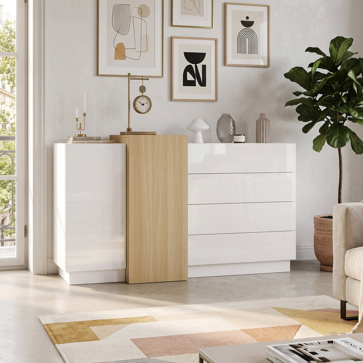 White high gloss wooden sideboard 2 doors 4 drawers 140x35x76.5cm IRON CEILING