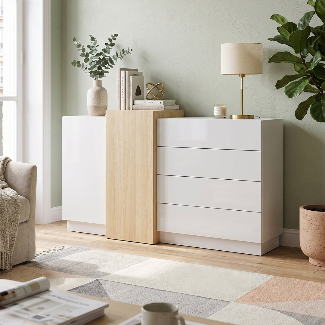 White high gloss wooden sideboard 2 doors 4 drawers 140x35x76.5cm IRON CEILING