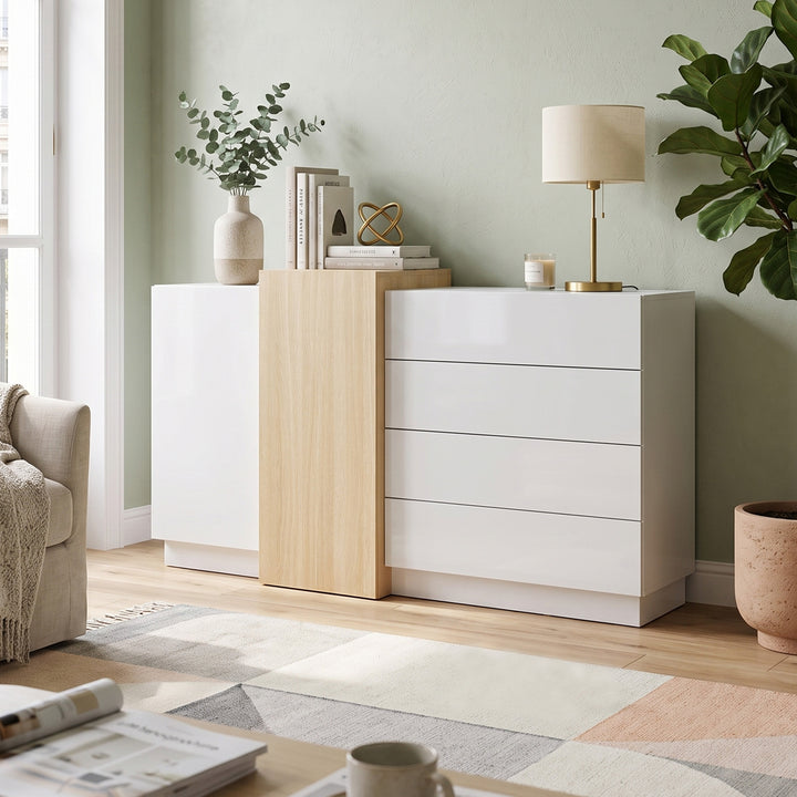 White high gloss wooden sideboard 2 doors 4 drawers 140x35x76.5cm IRON CEILING