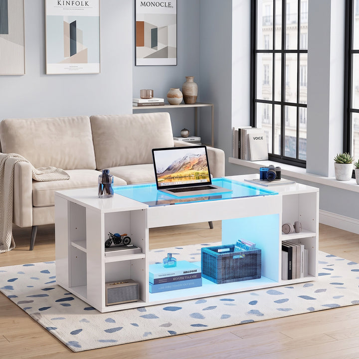 White high gloss coffee table with LED lights 100x50x40cm IRON CURTAIN