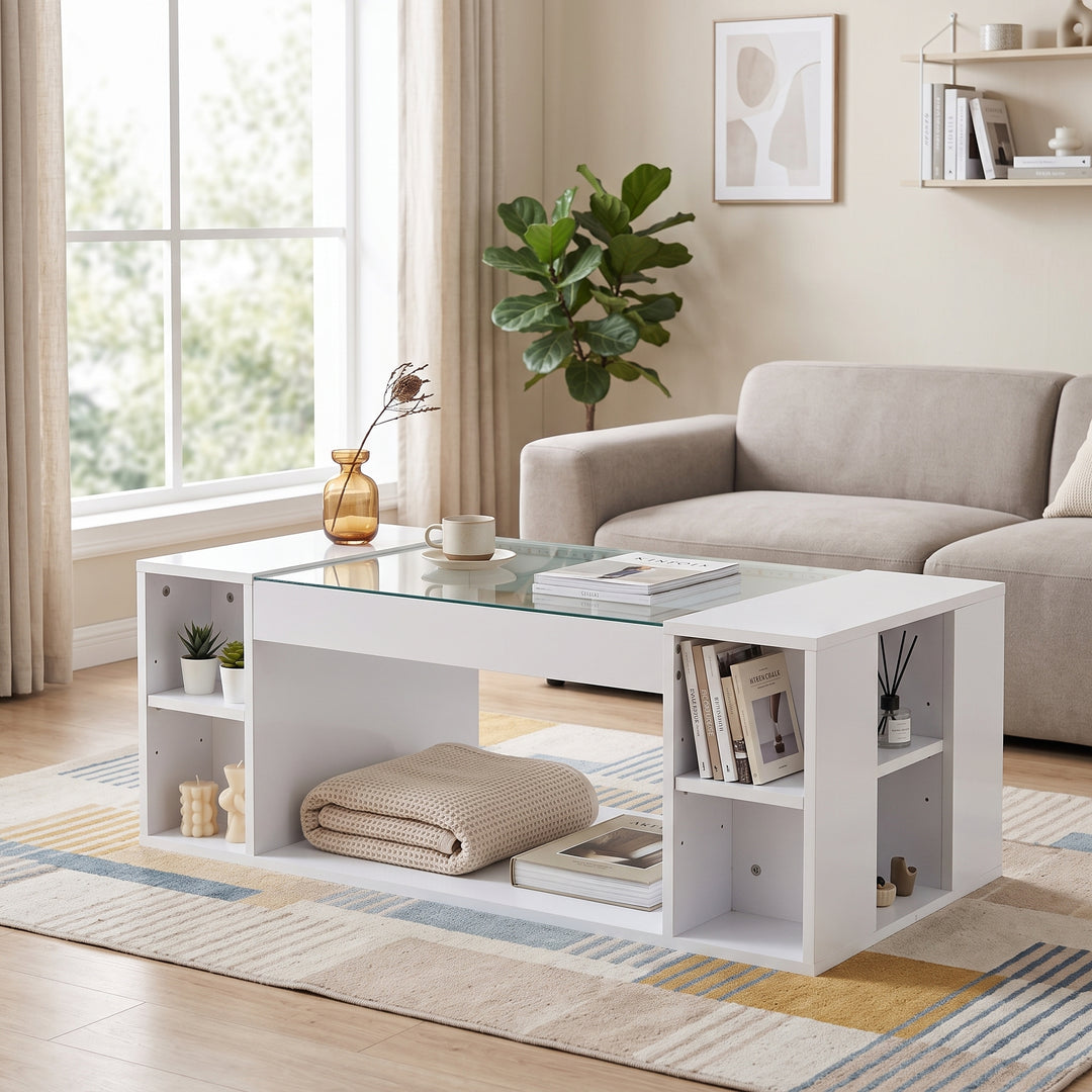 White high gloss coffee table with LED lights 100x50x40cm IRON CURTAIN