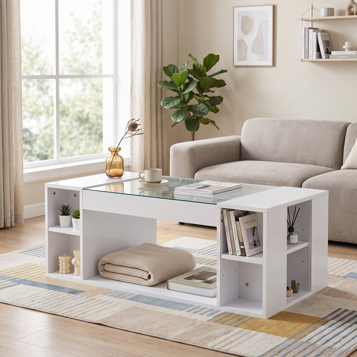White high gloss coffee table with LED lights 100x50x40cm IRON CURTAIN