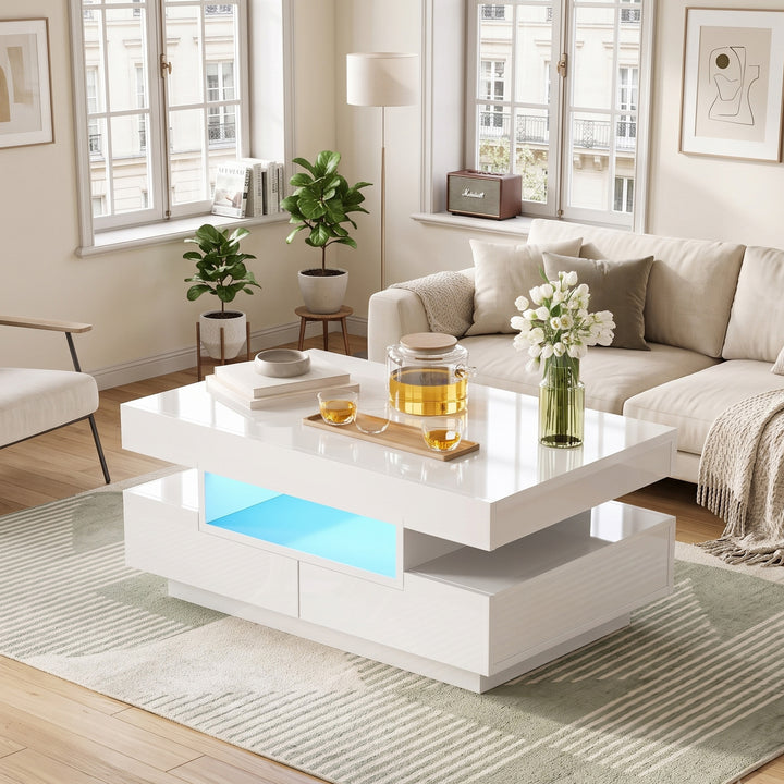 White high gloss coffee table with LED light strip 4 drawers 80x50x36cm IRON LAMP