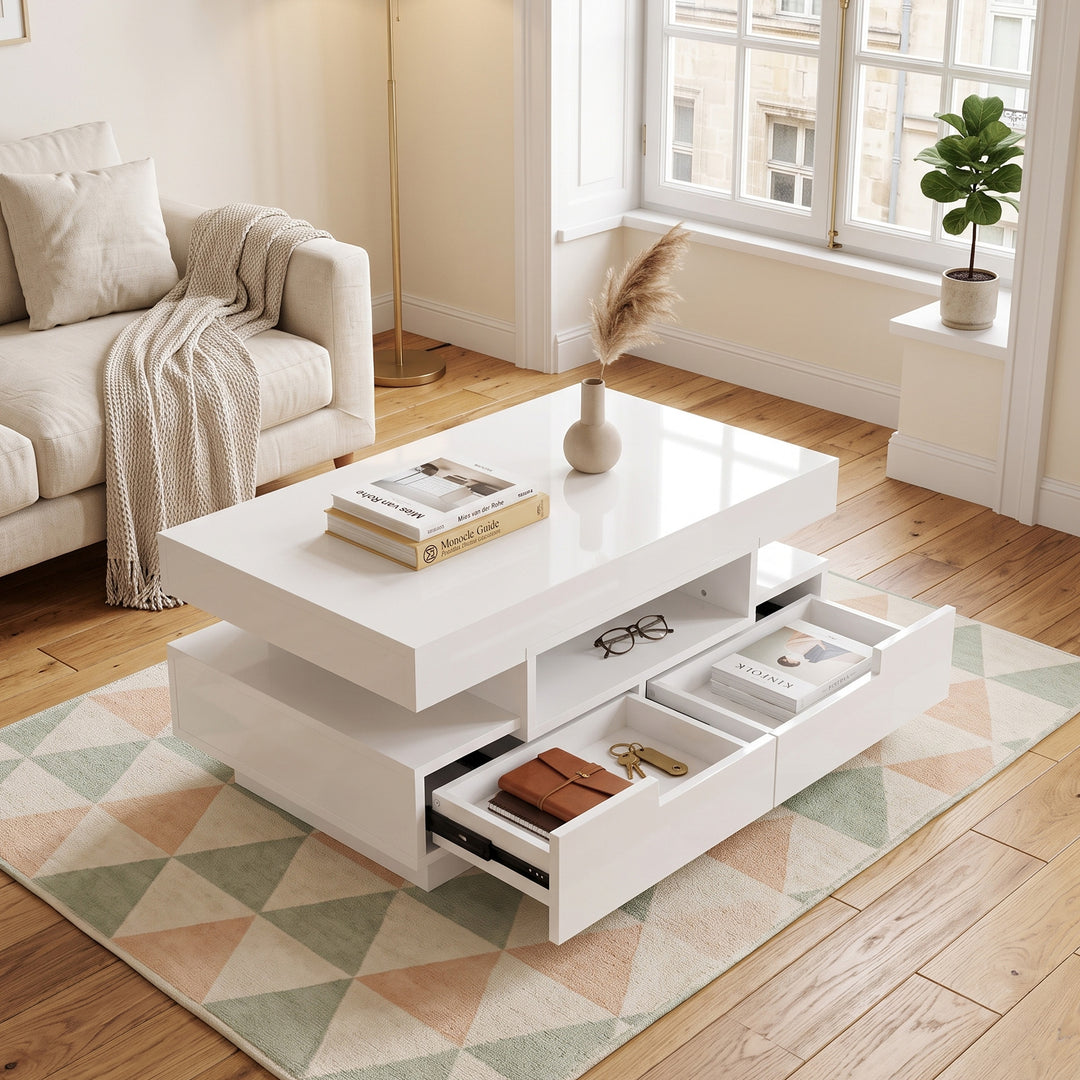 White high gloss coffee table with LED light strip 4 drawers 80x50x36cm IRON LAMP