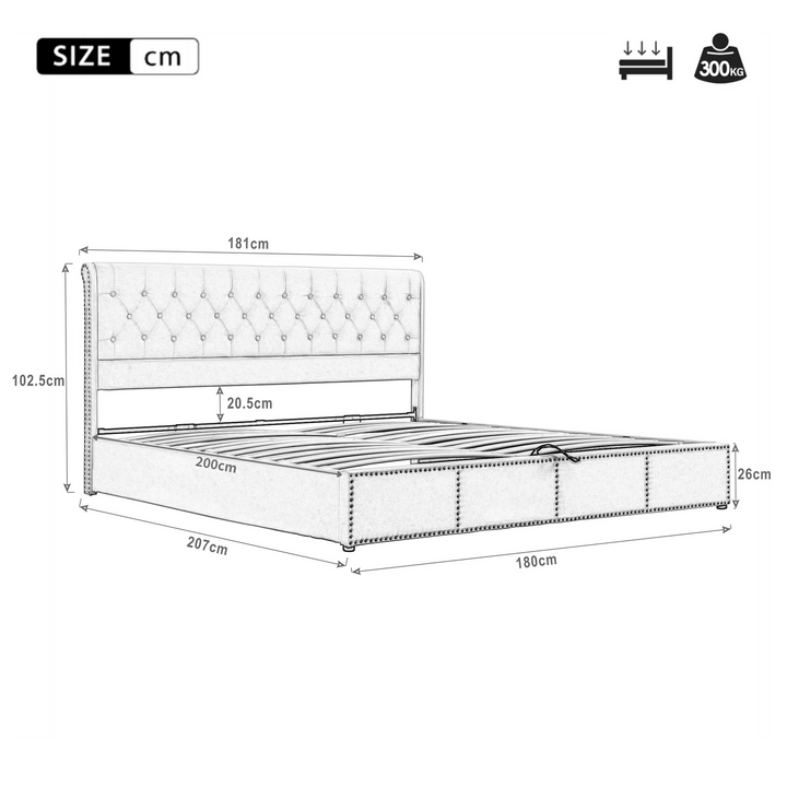 Chesterfield grey velvet upholstered storage gas lift bed (180*200cm) KROTS GREY VELVET SUPER KING UK