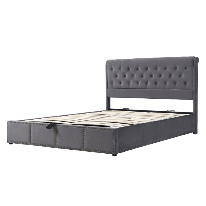 Chesterfield grey velvet upholstered storage gas lift bed (180*200cm) KROTS GREY VELVET SUPER KING UK
