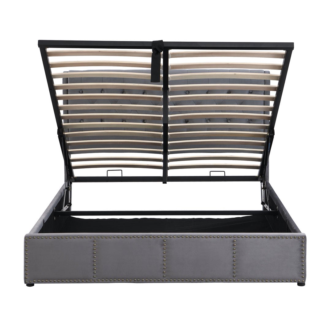 Chesterfield grey velvet upholstered storage gas lift bed (180*200cm) KROTS GREY VELVET SUPER KING UK