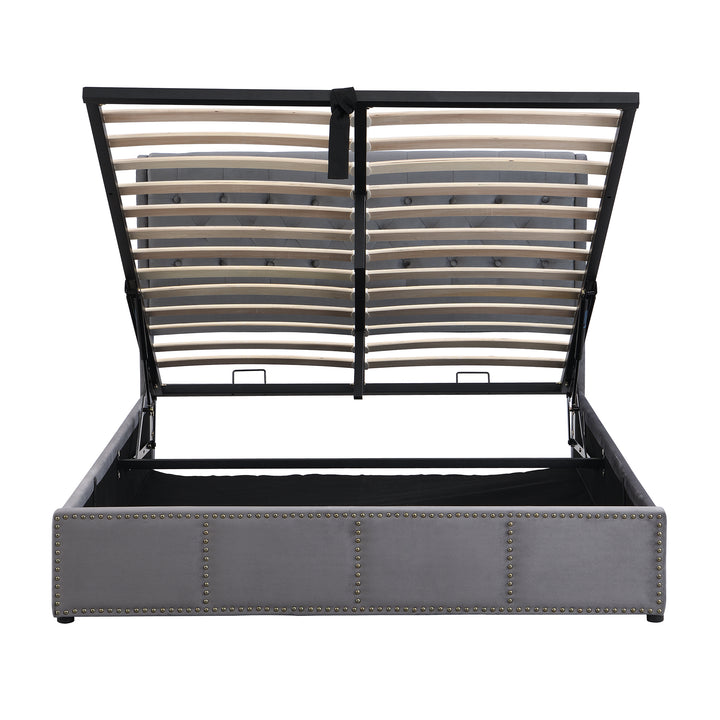 Chesterfield grey velvet upholstered storage gas lift bed (180*200cm) KROTS GREY VELVET SUPER KING UK