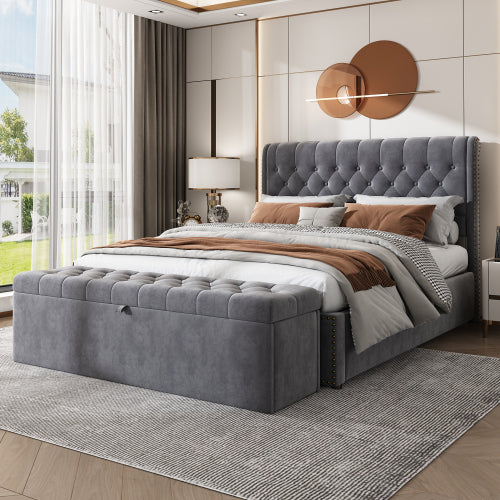 Chesterfield grey velvet upholstered storage gas lift bed (180*200cm) KROTS GREY VELVET SUPER KING UK