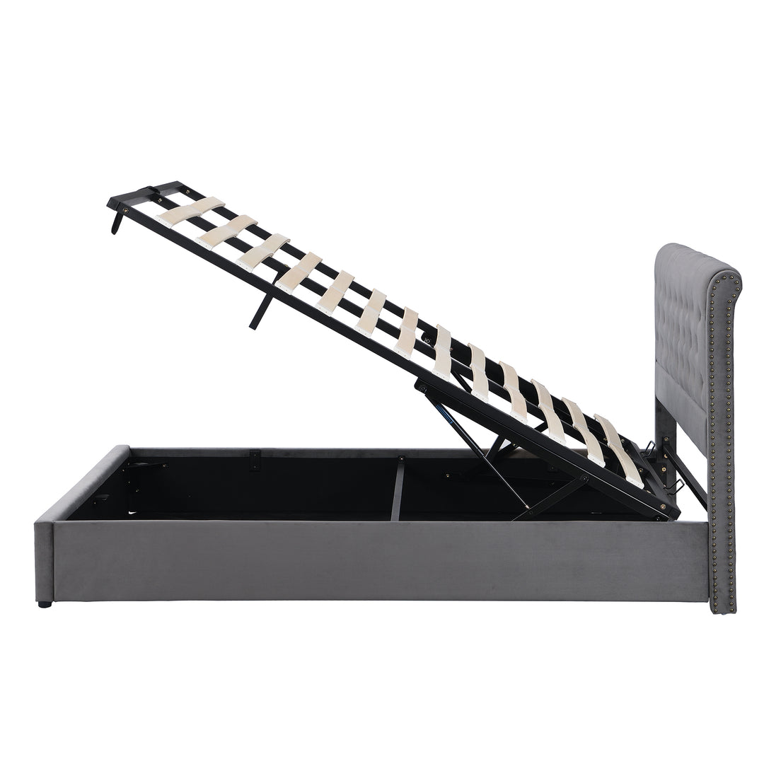 Chesterfield grey velvet upholstered storage gas lift bed (180*200cm) KROTS GREY VELVET SUPER KING UK