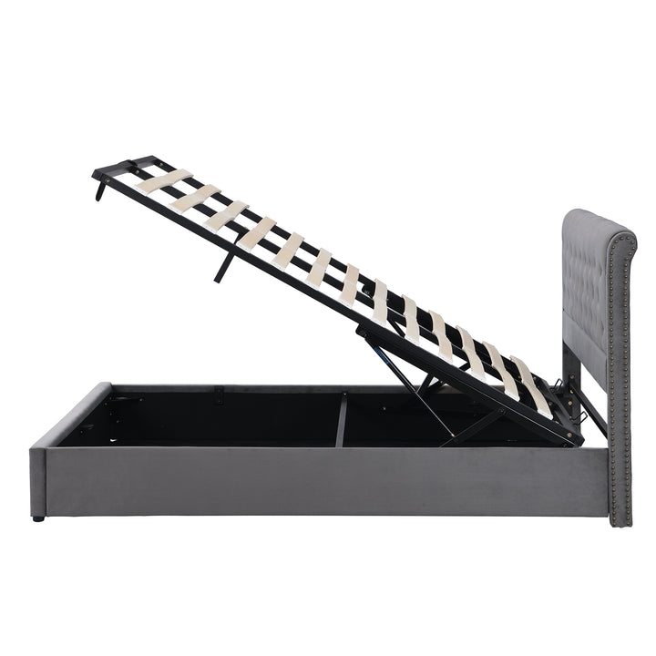 Chesterfield grey velvet upholstered storage gas lift bed (180*200cm) KROTS GREY VELVET SUPER KING UK