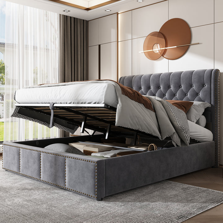 Chesterfield grey velvet upholstered storage gas lift bed (180*200cm) KROTS GREY VELVET SUPER KING UK