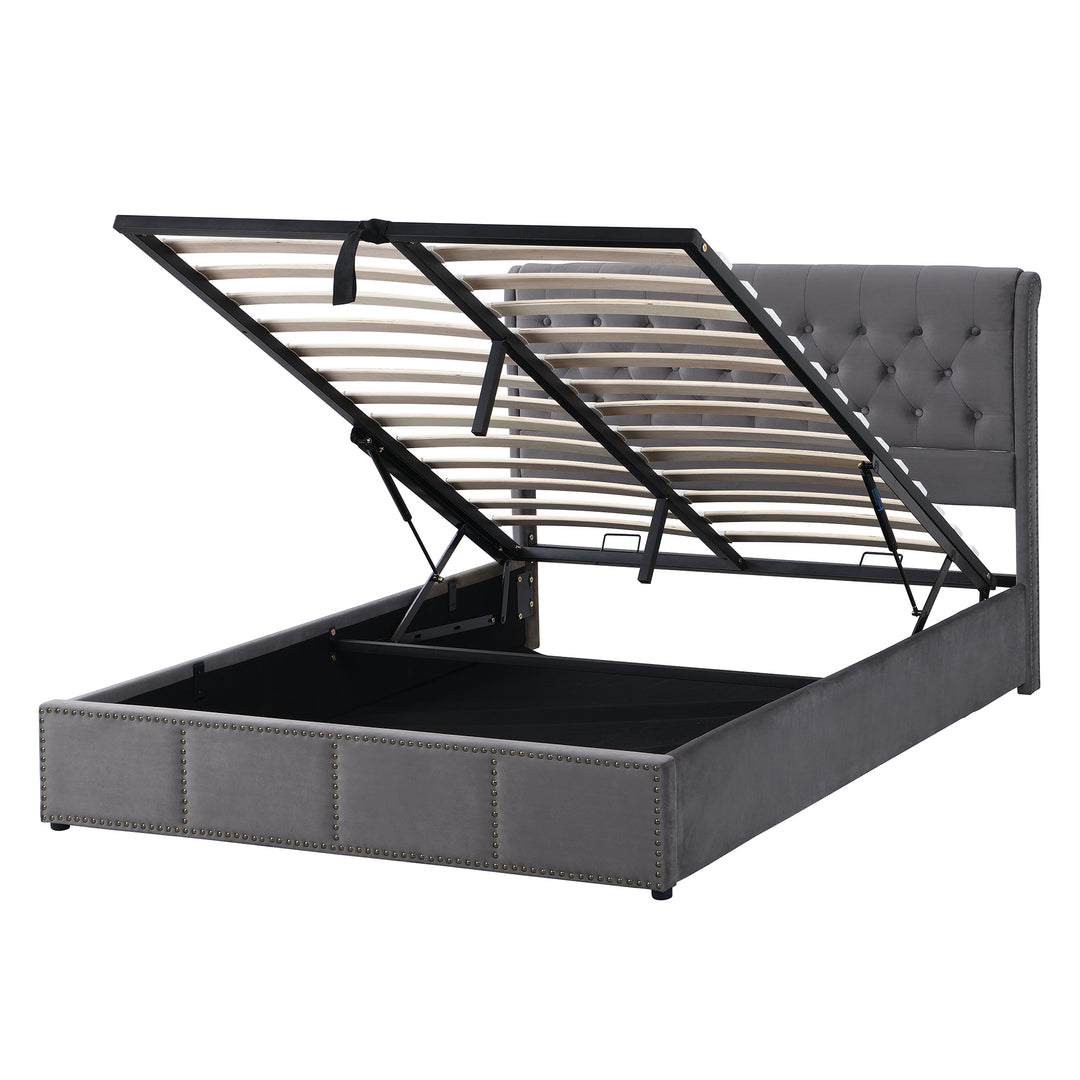 Chesterfield grey velvet upholstered storage gas lift bed (180*200cm) KROTS GREY VELVET SUPER KING UK