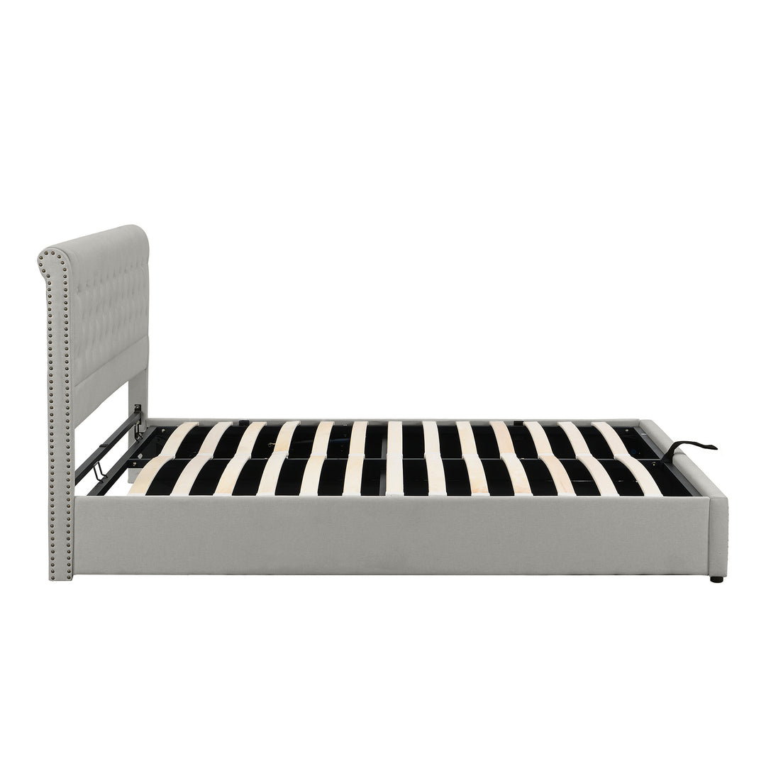 Chesterfield light grey upholstered storage gas lift bed (135*190cm) KROTS LIGHT GREY DOUBLE UK