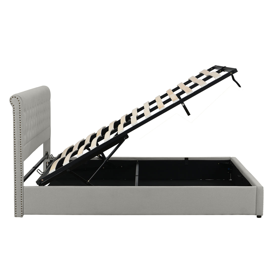 Chesterfield light grey upholstered storage gas lift bed (135*190cm) KROTS LIGHT GREY DOUBLE UK