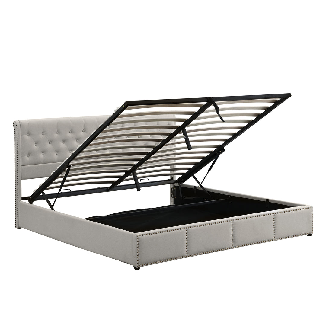 Chesterfield light grey upholstered storage gas lift bed (135*190cm) KROTS LIGHT GREY DOUBLE UK