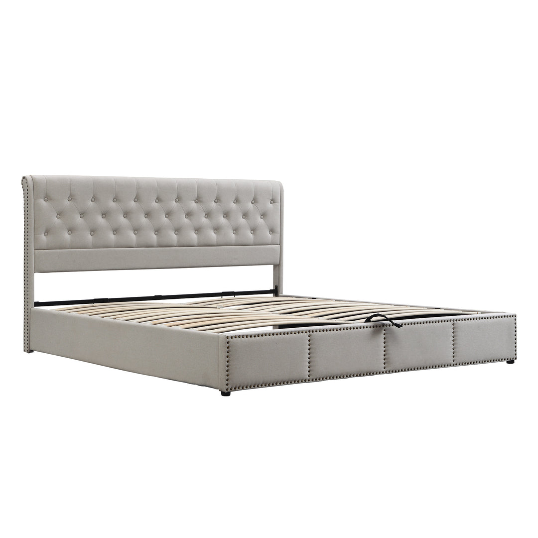 Chesterfield light grey upholstered storage gas lift bed (135*190cm) KROTS LIGHT GREY DOUBLE UK