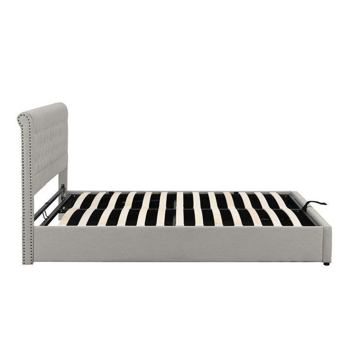 Chesterfield light grey upholstered storage gas lift bed (150*200 cm) KROTS LIGHT GREY KING UK