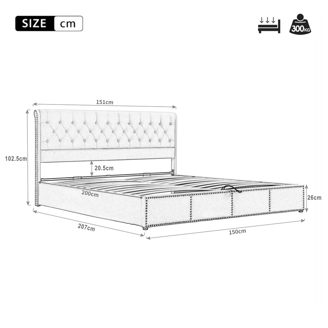 Chesterfield light grey upholstered storage gas lift bed (150*200 cm) KROTS LIGHT GREY KING UK