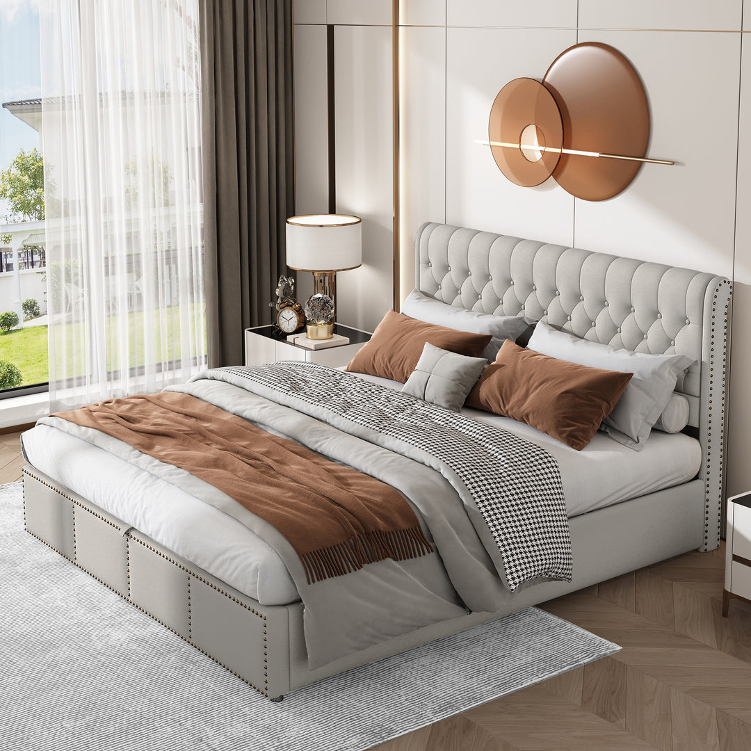 Chesterfield light grey upholstered storage gas lift bed (150*200 cm) KROTS LIGHT GREY KING UK