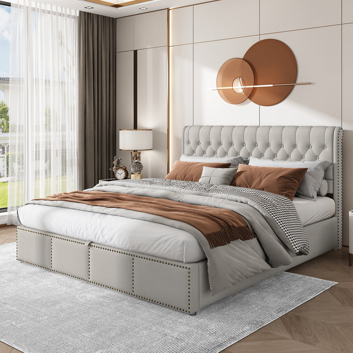 Chesterfield light grey upholstered storage gas lift bed (180*200cm) KROTS LIGHT GREY SUPER KING UK