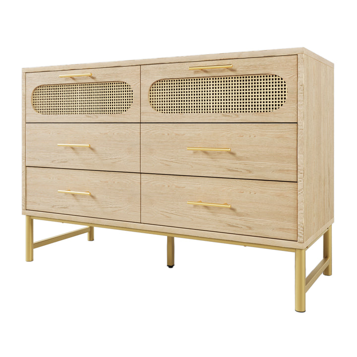 Faux rattan wood aspect sideboard cabinet, chest of drawers with 6 drawers 40Dx120Wx74Hcm KRUN UK