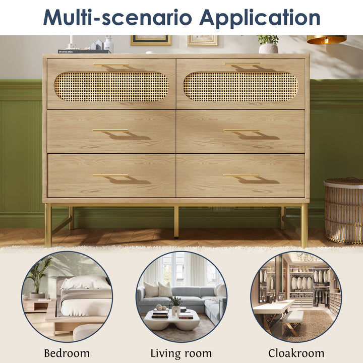 Faux rattan wood aspect sideboard cabinet, chest of drawers with 6 drawers 40Dx120Wx74Hcm KRUN UK